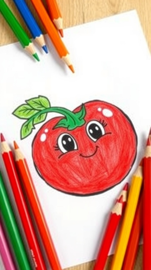 A cheerful cartoon tomato drawing with a smiling face on paper, surrounded by colored pencils.